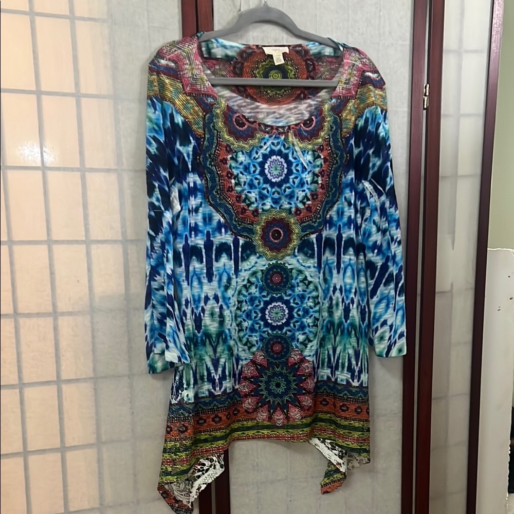 Cupio Blue Asymmetrical Graphic Tunic Size XL